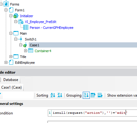Case I (Case) 'ndition Forms Forml Initalizer Person - CurrenGPHEmpIoyee Main El—i Switch I [3 e Case Container4 EditEmpIoyee ' ' ) = 'edi Sorting z; Aj Grouping 1 $ i snull ) Show extension va 